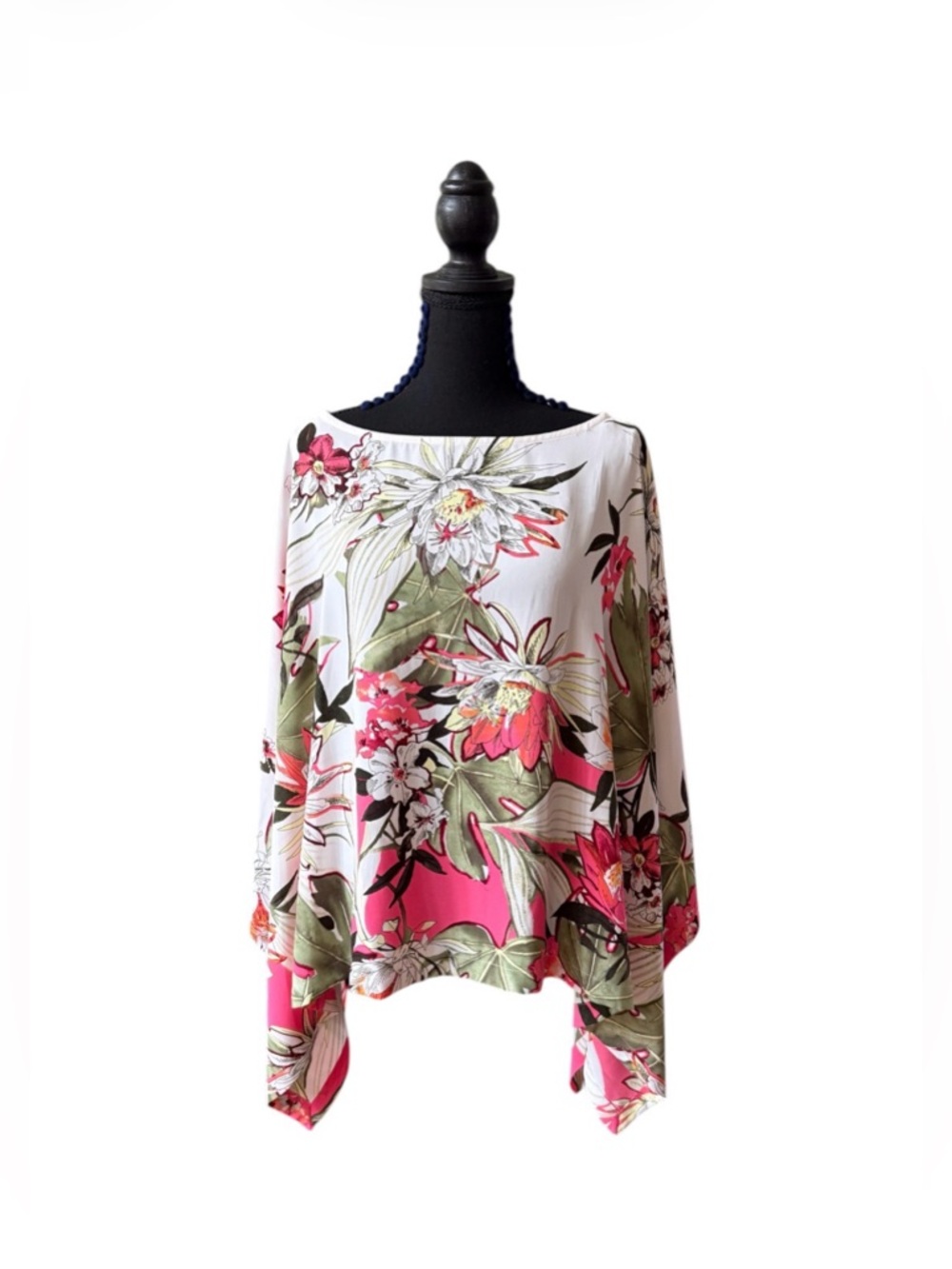 Chico's White Floral Dolman Sleeve Poncho Blouse with Pink and Green Accents